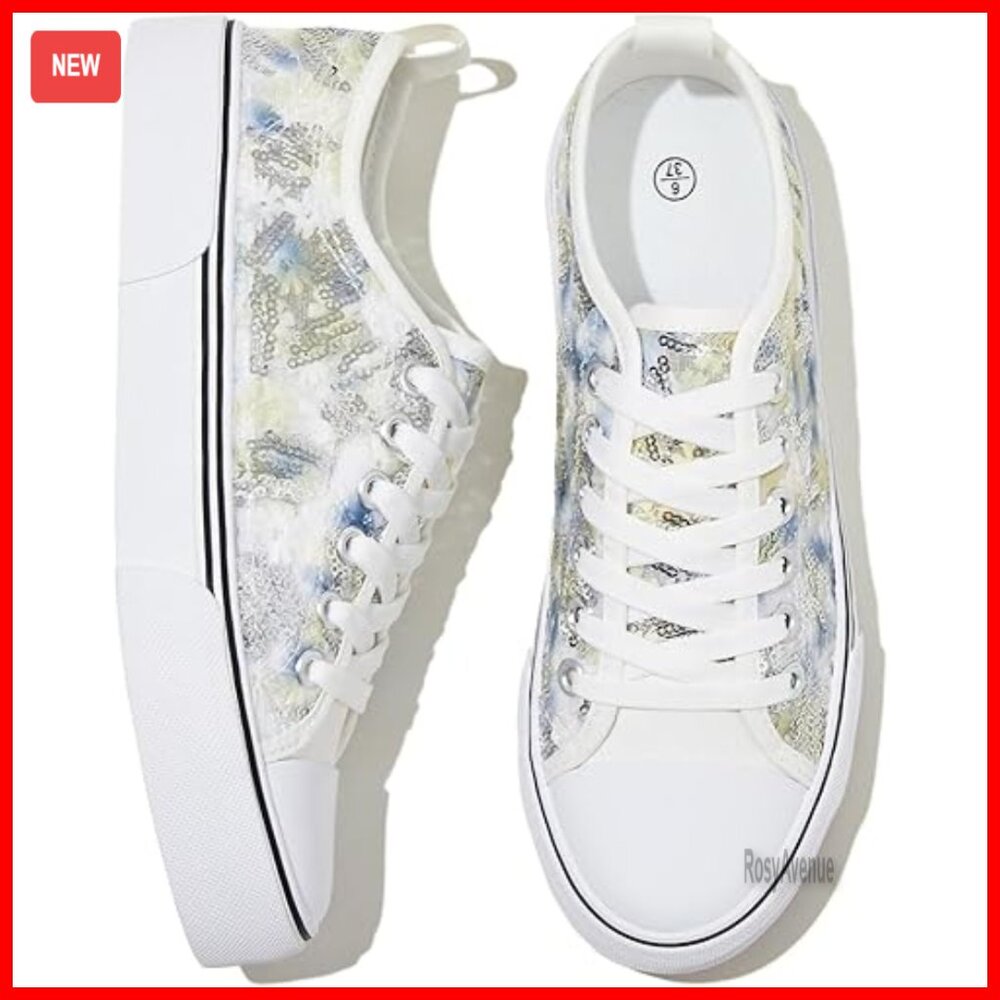 Women's Embroidered Sequins Canvas Sneakers Low Top Comfortable Casual Fashion